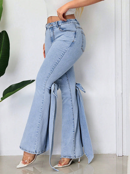 Bow Knot Flare Jeans For Women - Blue Trendy Wide Leg Denim Bottoms - Spring Streetwear 2026