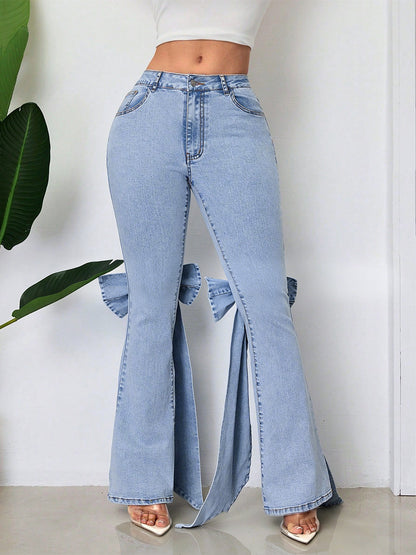 Bow Knot Flare Jeans For Women - Blue Trendy Wide Leg Denim Bottoms - Spring Streetwear 2026