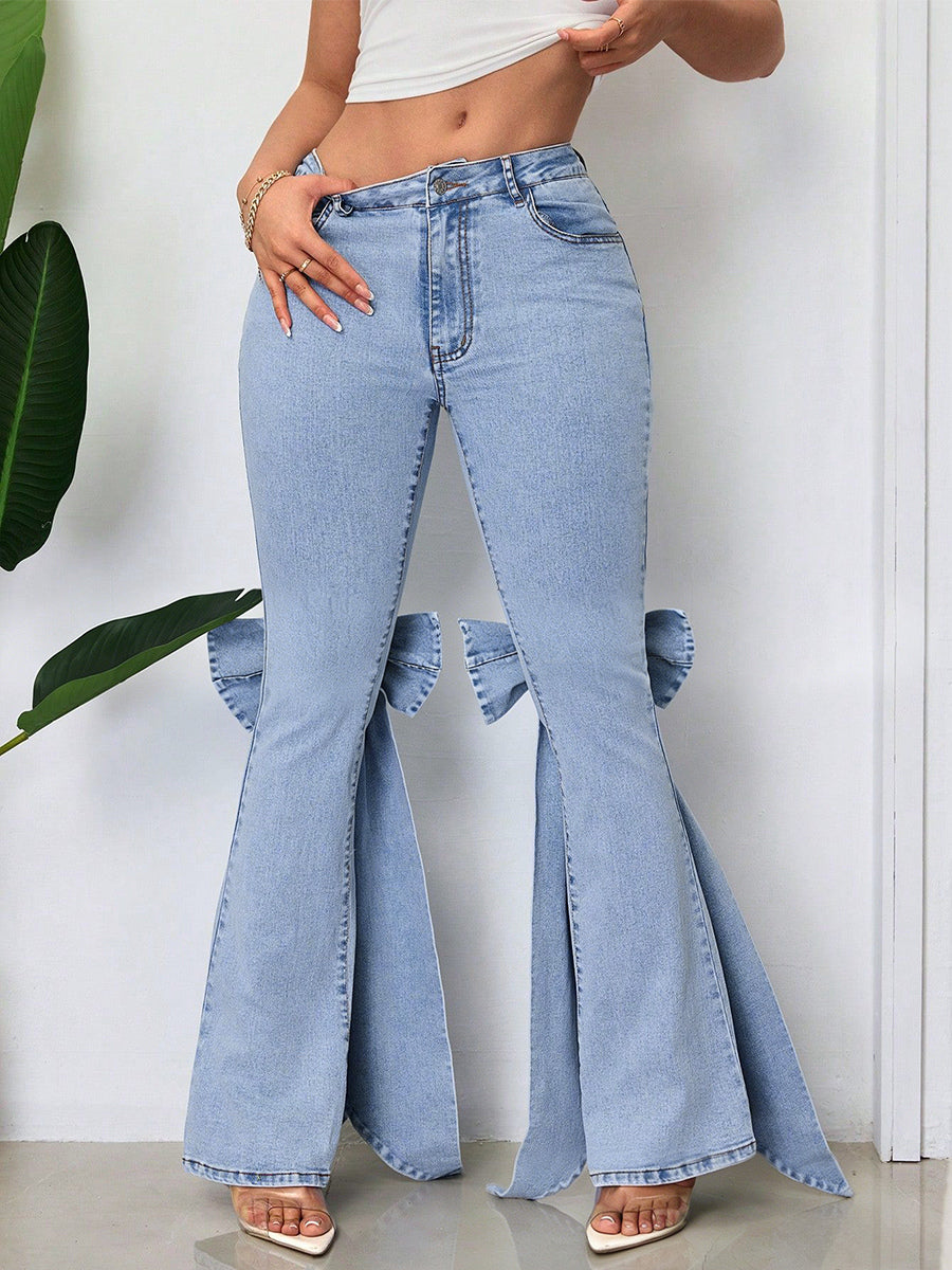 Bow Knot Flare Jeans For Women - Blue Trendy Wide Leg Denim Bottoms - Spring Streetwear 2026