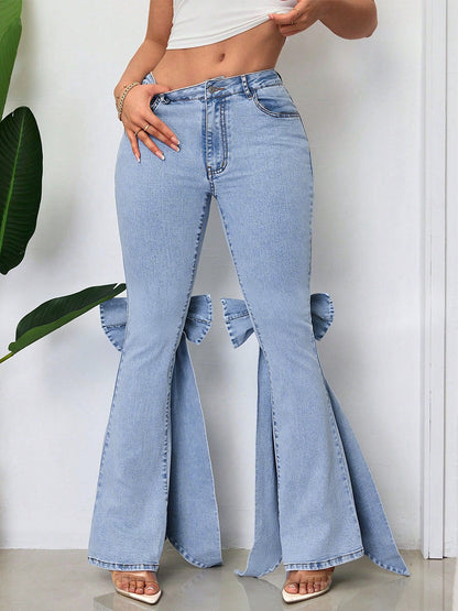 Bow Knot Flare Jeans For Women - Blue Trendy Wide Leg Denim Bottoms - Spring Streetwear 2026