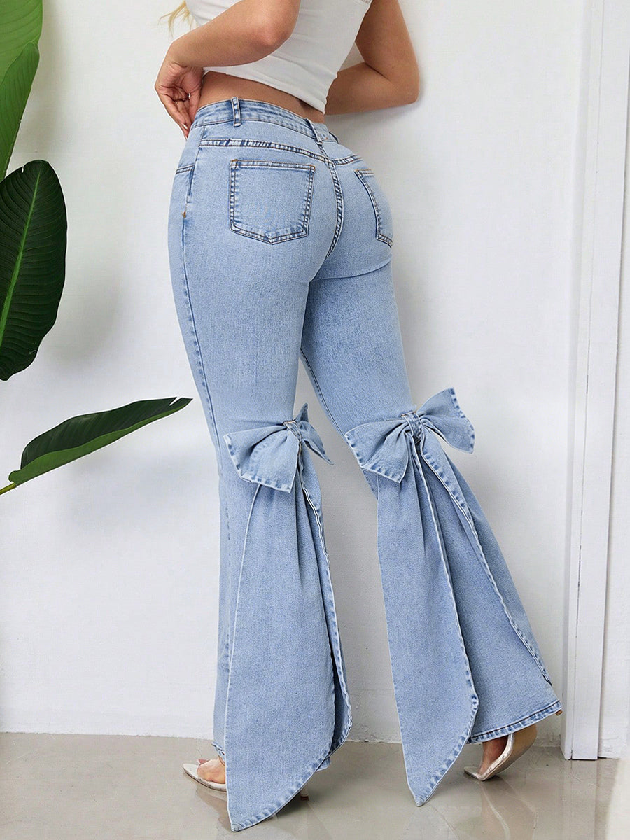 Bow Knot Flare Jeans For Women - Blue Trendy Wide Leg Denim Bottoms - Spring Streetwear 2026