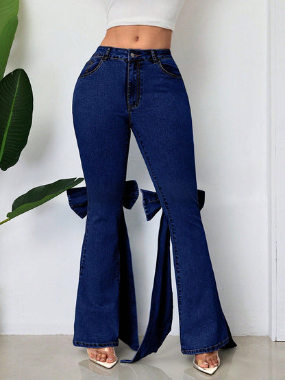 Bow Knot Flare Jeans For Women - Blue Trendy Wide Leg Denim Bottoms - Spring Streetwear 2026