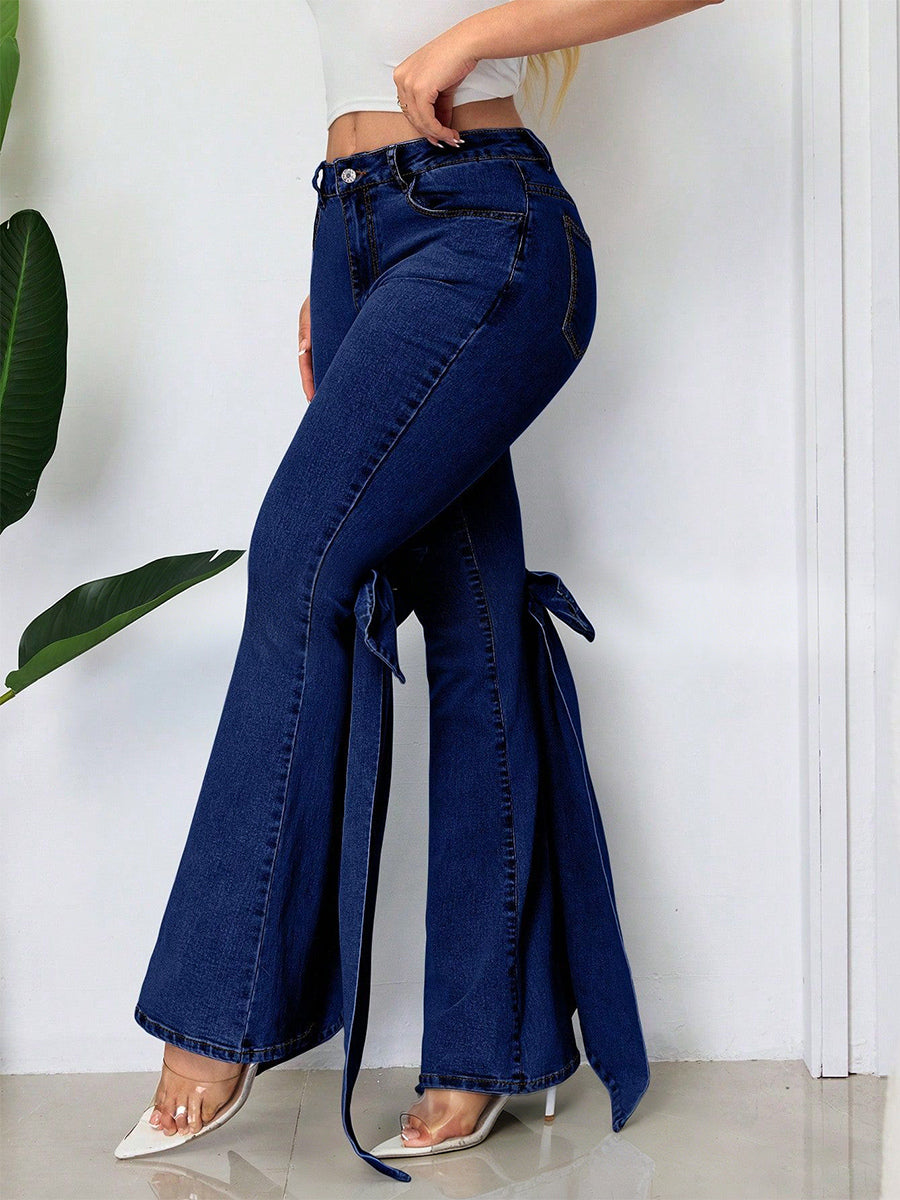 Bow Knot Flare Jeans For Women - Blue Trendy Wide Leg Denim Bottoms - Spring Streetwear 2026