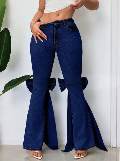 Bow Knot Flare Jeans For Women - Blue Trendy Wide Leg Denim Bottoms - Spring Streetwear 2026
