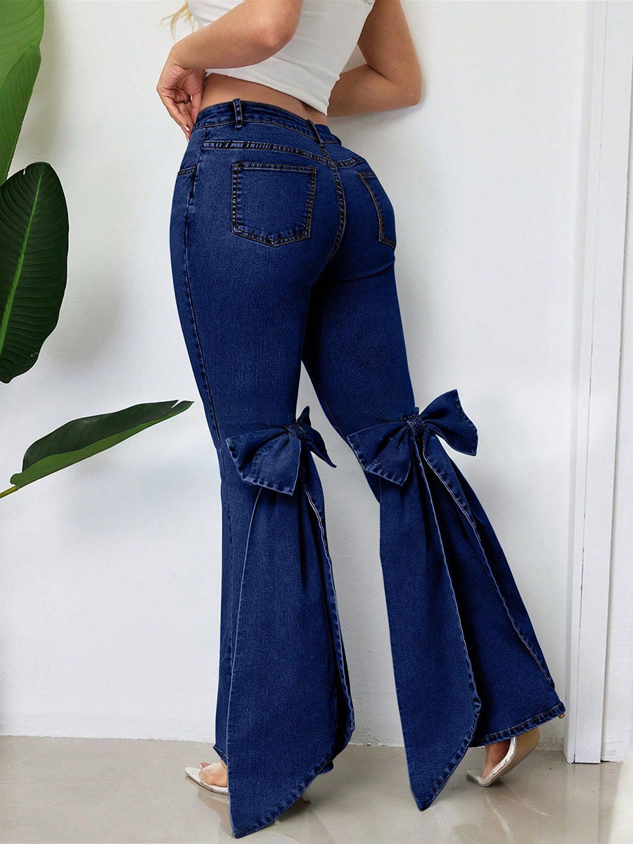Bow Knot Flare Jeans For Women - Blue Trendy Wide Leg Denim Bottoms - Spring Streetwear 2026