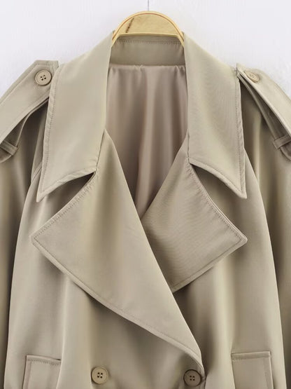 Short Trench Coat For Women - Khaki Chic Tie Waist Double Breasted Cropped Windbreaker - Spring Office Casual Outerwear 2026