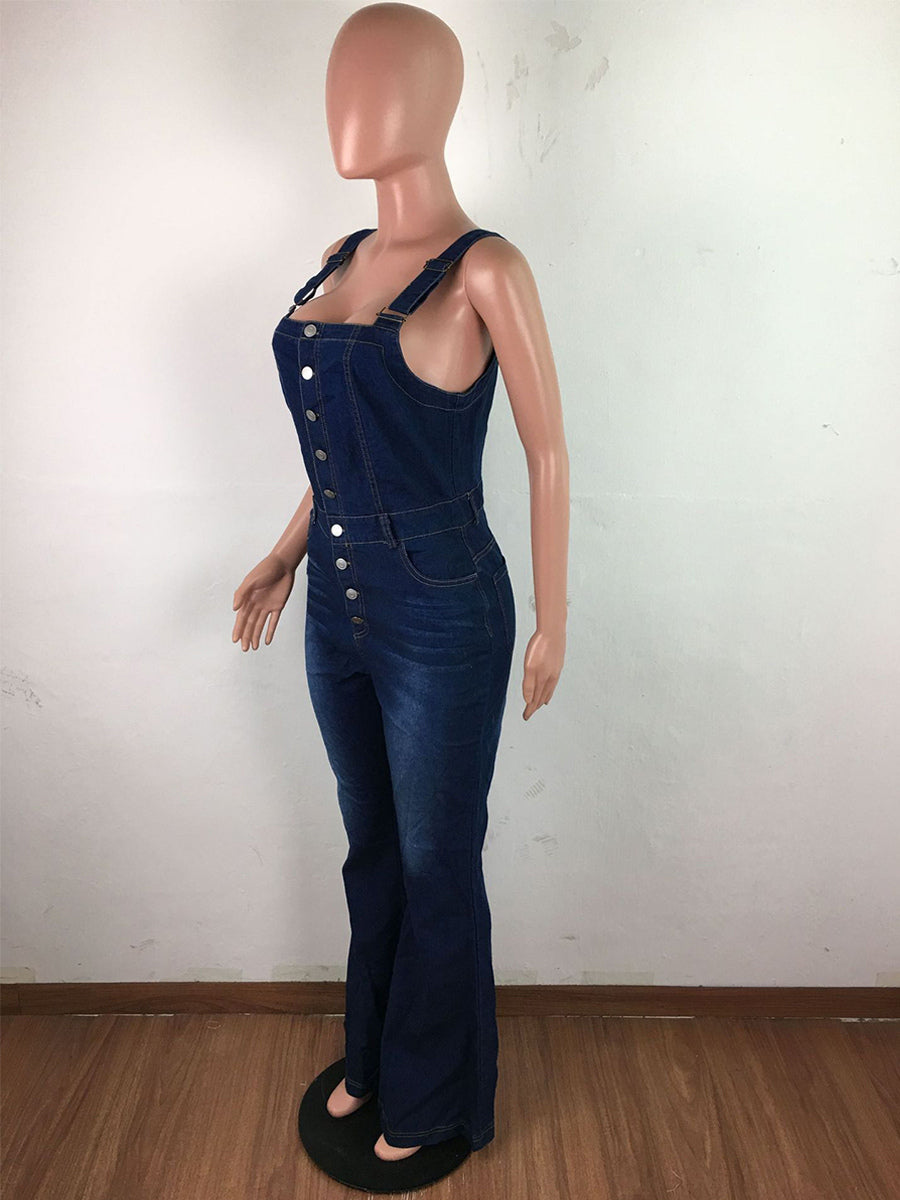 Button Up Washed Denim Jumpsuit For Women - Dark Blue Retro Bodycon Flare Leg Overalls - Summer Chic Streetwear 2026