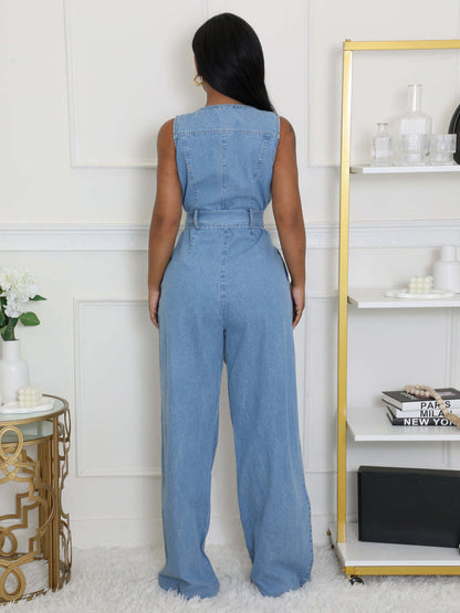Zip Up Washed Denim Jumpsuit For Women - Light Blue Casual Belted Wide Leg One Piece - Summer Casual Streetwear 2026