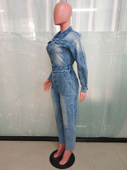 Long Sleeve Denim Jumpsuit For Women - Washed Blue Utility Elastic Waist Pencil Overalls - Spring Daily Streetwear 2026