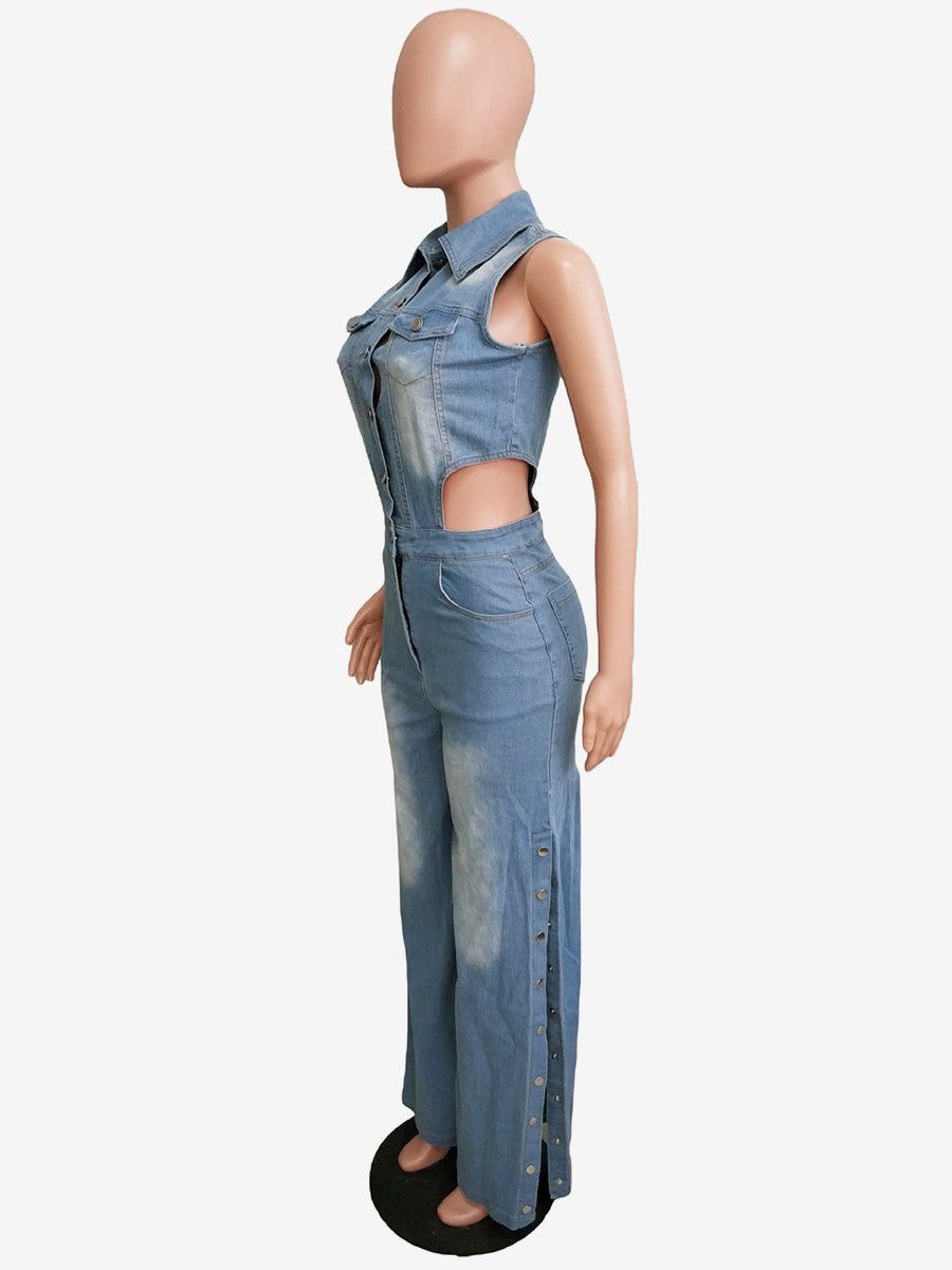 Cut Out Denim Jumpsuit For Women - Light Blue Sexy Side Slit Wide Leg One Piece Romper - Summer Night Clubwear 2026