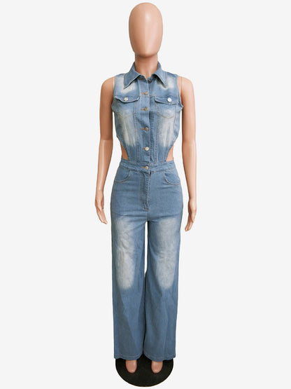 Cut Out Denim Jumpsuit For Women - Light Blue Sexy Side Slit Wide Leg One Piece Romper - Summer Night Clubwear 2026