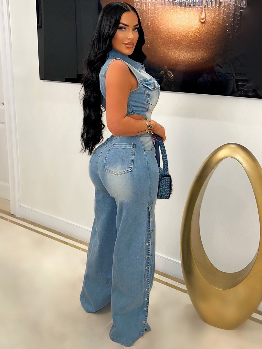Cut Out Denim Jumpsuit For Women - Light Blue Sexy Side Slit Wide Leg One Piece Romper - Summer Night Clubwear 2026