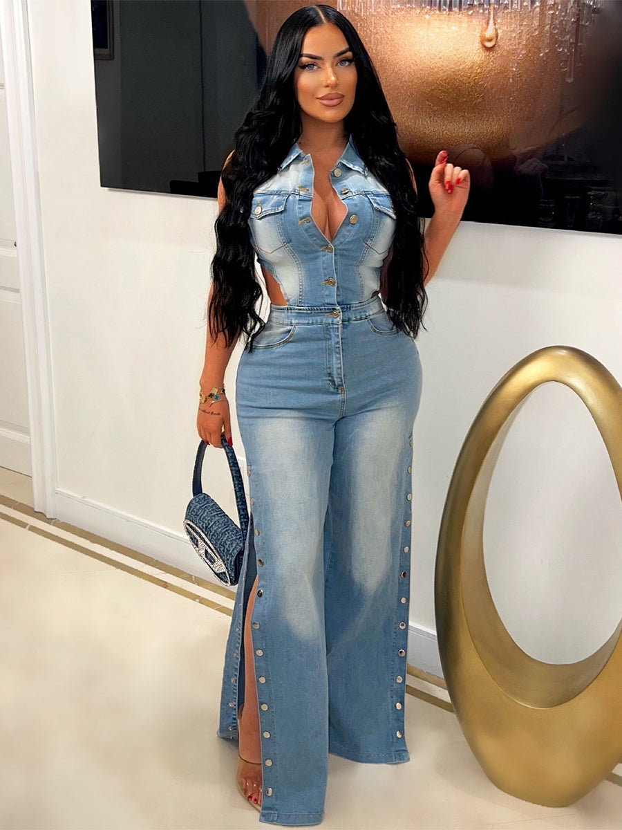 Cut Out Denim Jumpsuit For Women - Light Blue Sexy Side Slit Wide Leg One Piece Romper - Summer Night Clubwear 2026