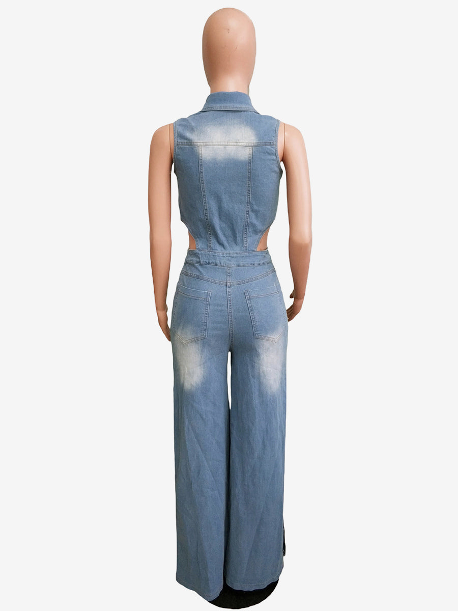 Cut Out Denim Jumpsuit For Women - Light Blue Sexy Side Slit Wide Leg One Piece Romper - Summer Night Clubwear 2026