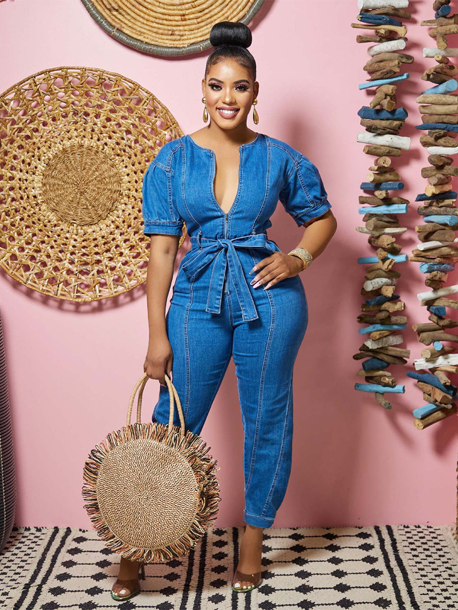 Medium Blue Washed Denim Jumpsuit For Women - Retro Puff Sleeve Belted Zip Front Bodycon Romper - Summer Chic Streetwear 2026