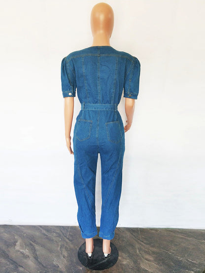 Medium Blue Washed Denim Jumpsuit For Women - Retro Puff Sleeve Belted Zip Front Bodycon Romper - Summer Chic Streetwear 2026
