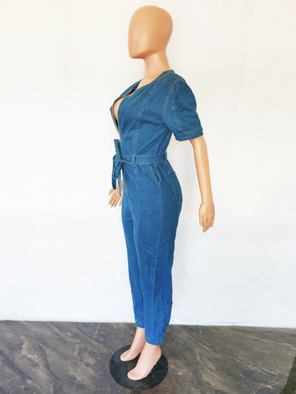 Medium Blue Washed Denim Jumpsuit For Women - Retro Puff Sleeve Belted Zip Front Bodycon Romper - Summer Chic Streetwear 2026