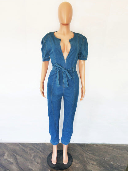 Medium Blue Washed Denim Jumpsuit For Women - Retro Puff Sleeve Belted Zip Front Bodycon Romper - Summer Chic Streetwear 2026