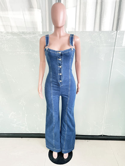 Sexy Denim Overalls For Women - Blue Retro Button Up Wide Leg Flare Jumpsuit - Summer Club Night Out Streetwear 2026