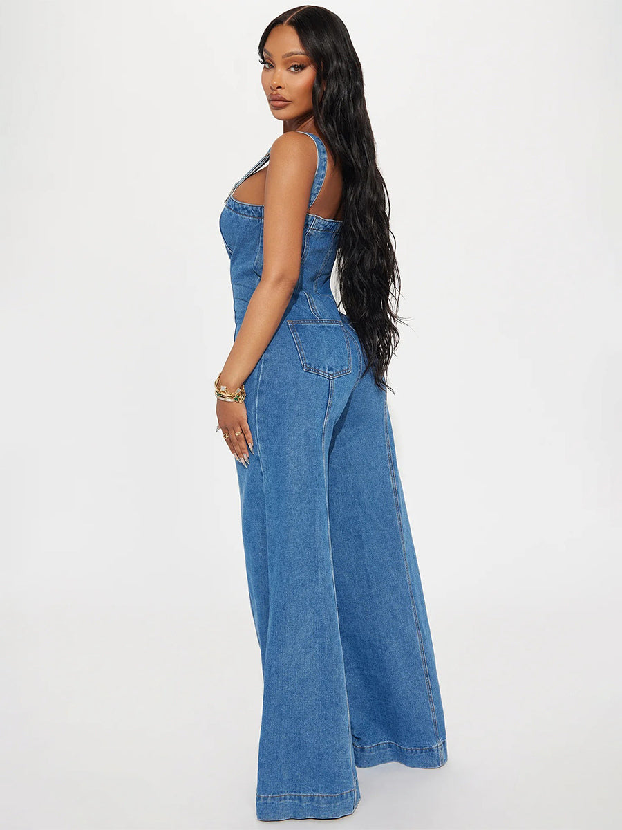 Sexy Denim Overalls For Women - Blue Retro Button Up Wide Leg Flare Jumpsuit - Summer Club Night Out Streetwear 2026