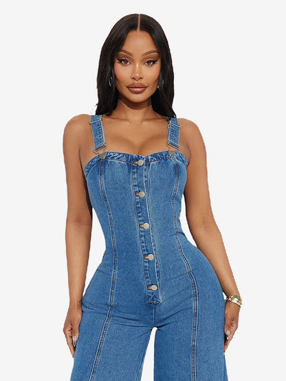 Sexy Denim Overalls For Women - Blue Retro Button Up Wide Leg Flare Jumpsuit - Summer Club Night Out Streetwear 2026