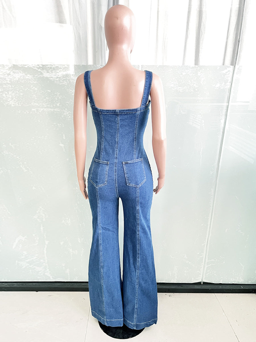 Sexy Denim Overalls For Women - Blue Retro Button Up Wide Leg Flare Jumpsuit - Summer Club Night Out Streetwear 2026