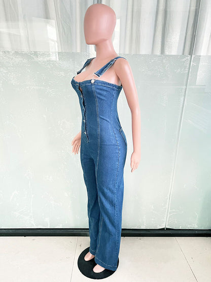 Sexy Denim Overalls For Women - Blue Retro Button Up Wide Leg Flare Jumpsuit - Summer Club Night Out Streetwear 2026