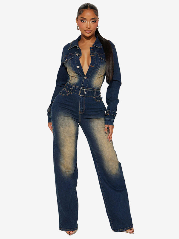 Washed Denim Jumpsuit For Women - Dark Blue Vintage Belted Long Sleeve Cargo Romper - Spring Street Fashion 2026