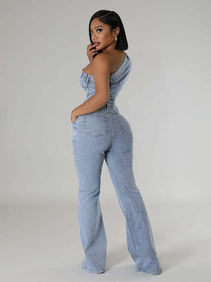 One Shoulder Washed Denim Jumpsuit For Women - Light Blue Y2K Sexy Flared Slim Romper - Summer Night Out Clubwear 2026