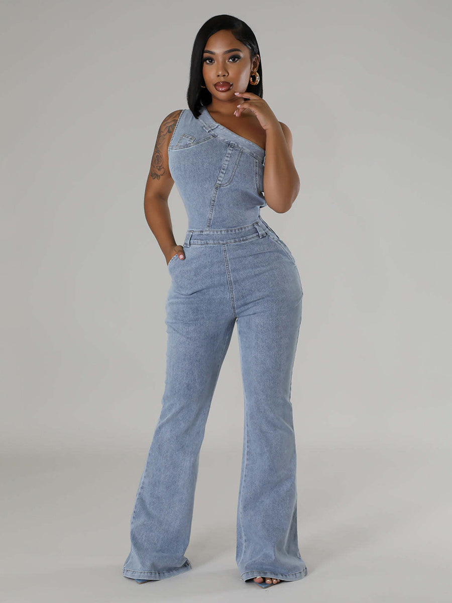 One Shoulder Washed Denim Jumpsuit For Women - Light Blue Y2K Sexy Flared Slim Romper - Summer Night Out Clubwear 2026