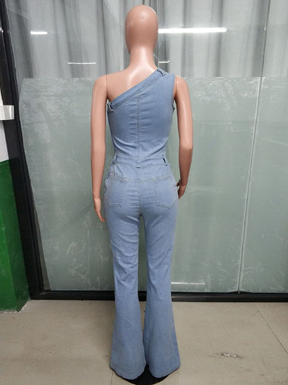 One Shoulder Washed Denim Jumpsuit For Women - Light Blue Y2K Sexy Flared Slim Romper - Summer Night Out Clubwear 2026