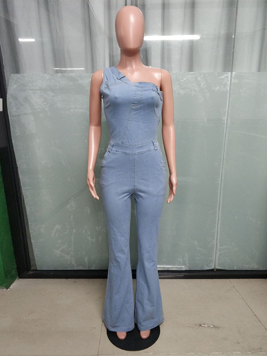 One Shoulder Washed Denim Jumpsuit For Women - Light Blue Y2K Sexy Flared Slim Romper - Summer Night Out Clubwear 2026