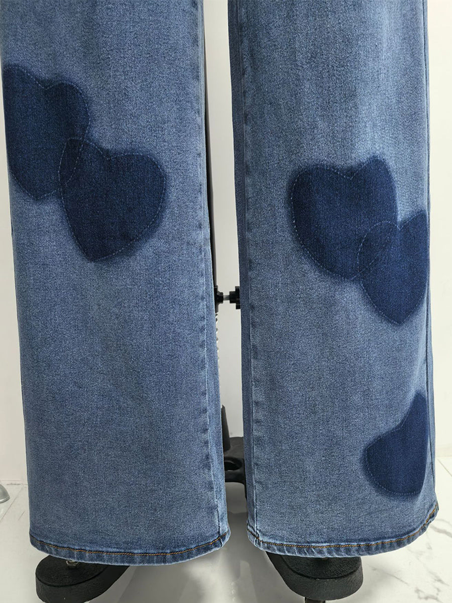Heart Pattern Wide Leg Jeans For Women - Medium Blue Cute Boho Straight Denim Pants - Spring Date Night Streetwear 2026