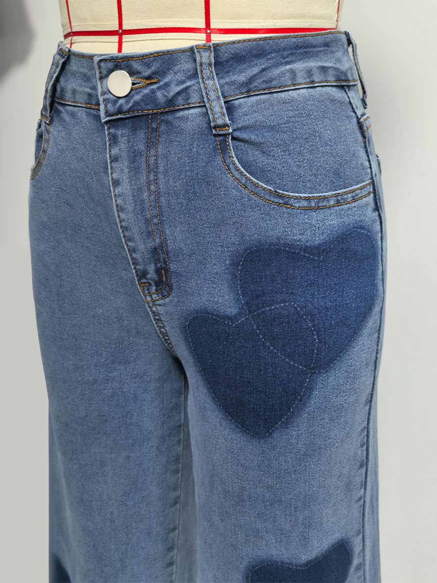 Heart Pattern Wide Leg Jeans For Women - Medium Blue Cute Boho Straight Denim Pants - Spring Date Night Streetwear 2026
