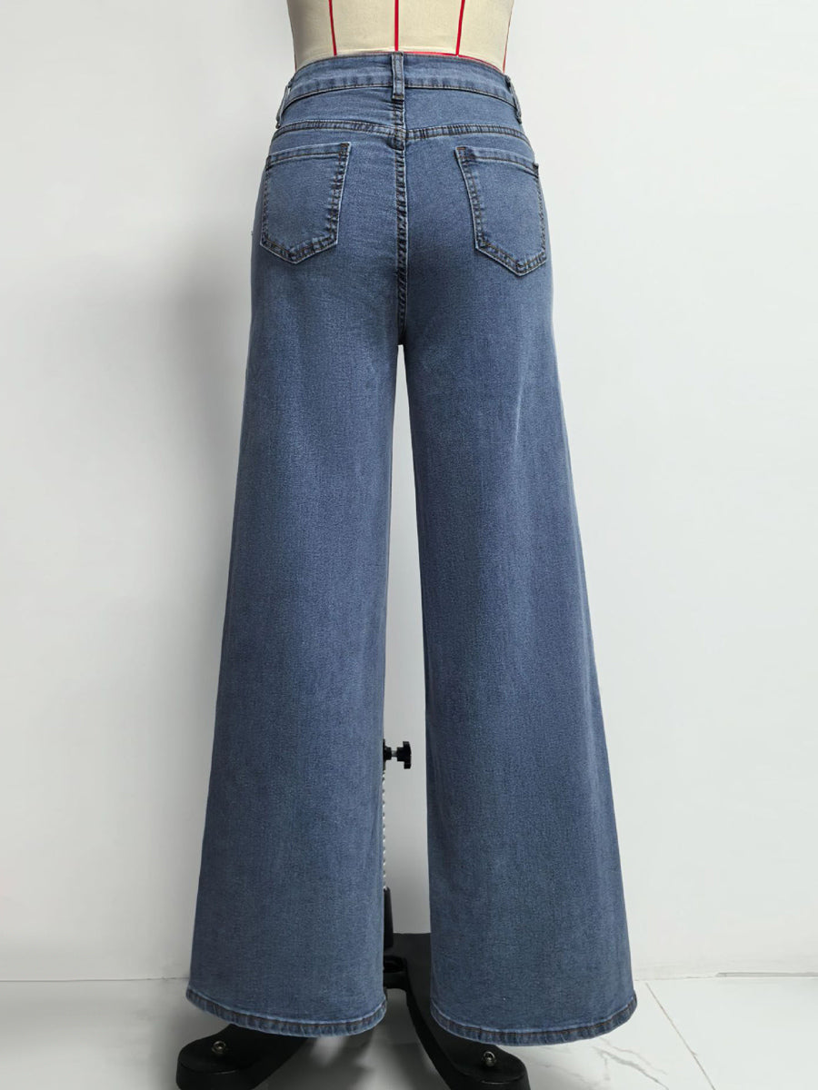 Heart Pattern Wide Leg Jeans For Women - Medium Blue Cute Boho Straight Denim Pants - Spring Date Night Streetwear 2026