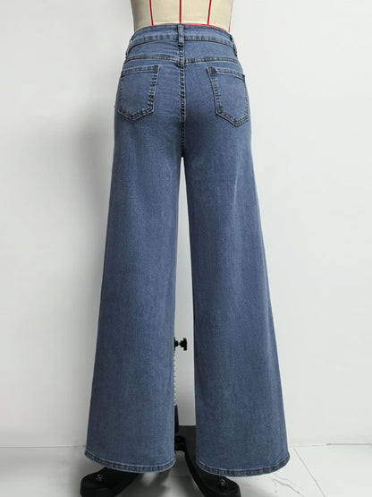 Heart Pattern Wide Leg Jeans For Women - Medium Blue Cute Boho Straight Denim Pants - Spring Date Night Streetwear 2026