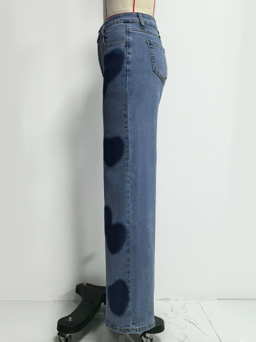 Heart Pattern Wide Leg Jeans For Women - Medium Blue Cute Boho Straight Denim Pants - Spring Date Night Streetwear 2026