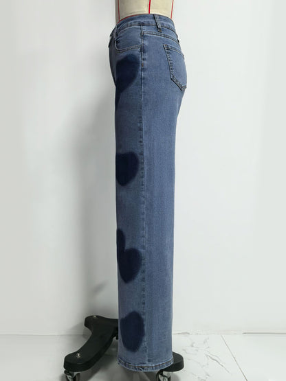 Heart Pattern Wide Leg Jeans For Women - Medium Blue Cute Boho Straight Denim Pants - Spring Date Night Streetwear 2026