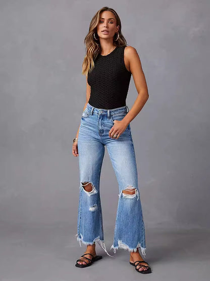 Distressed Wide Leg Jeans For Women - Light Blue High Waist Raw Hem Relaxed Fit Denim Pants - Spring Casual Streetwear 2026