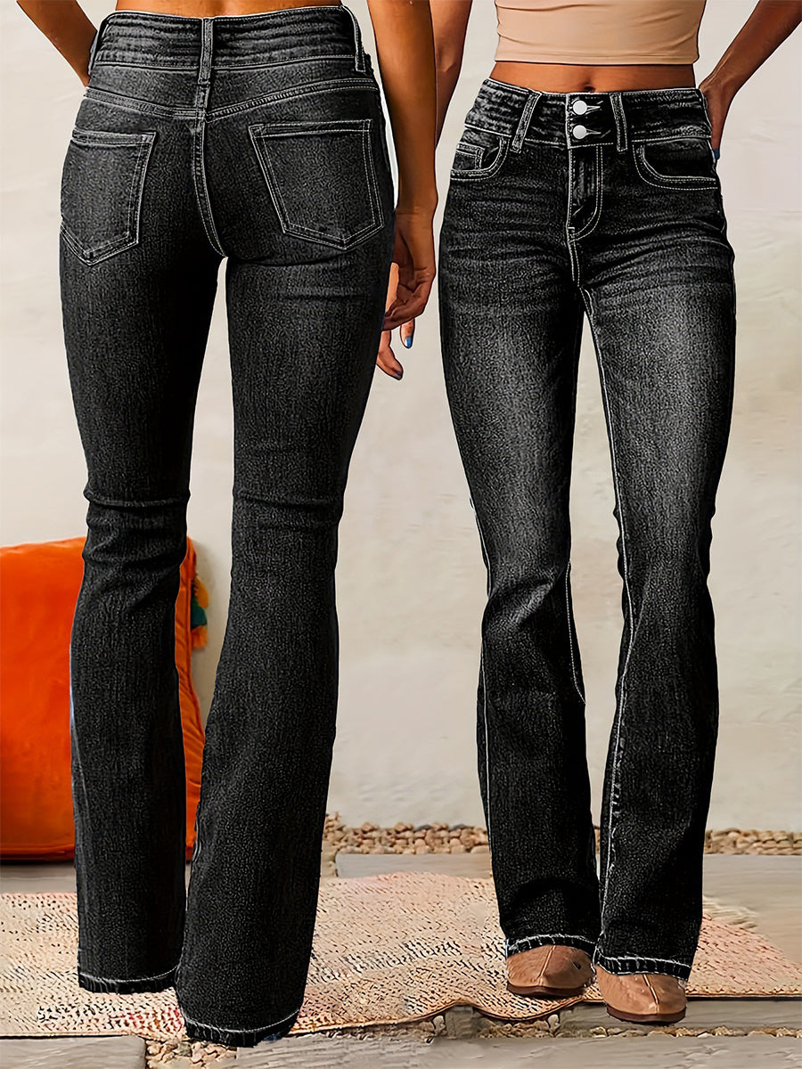 Double Button Flare Jeans For Women - Slim Fit Bootcut Denim Pants - Spring Casual Streetwear 2026