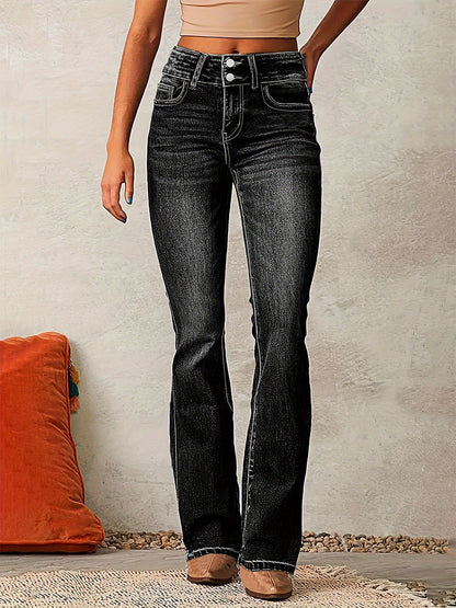 Double Button Flare Jeans For Women - Slim Fit Bootcut Denim Pants - Spring Casual Streetwear 2026