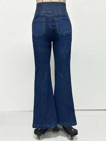High Waisted Smocked Flare Jeans For Women - Elastic Cotton Slim Fit Washed Denim Pants - Spring Date Night Outfits 2026