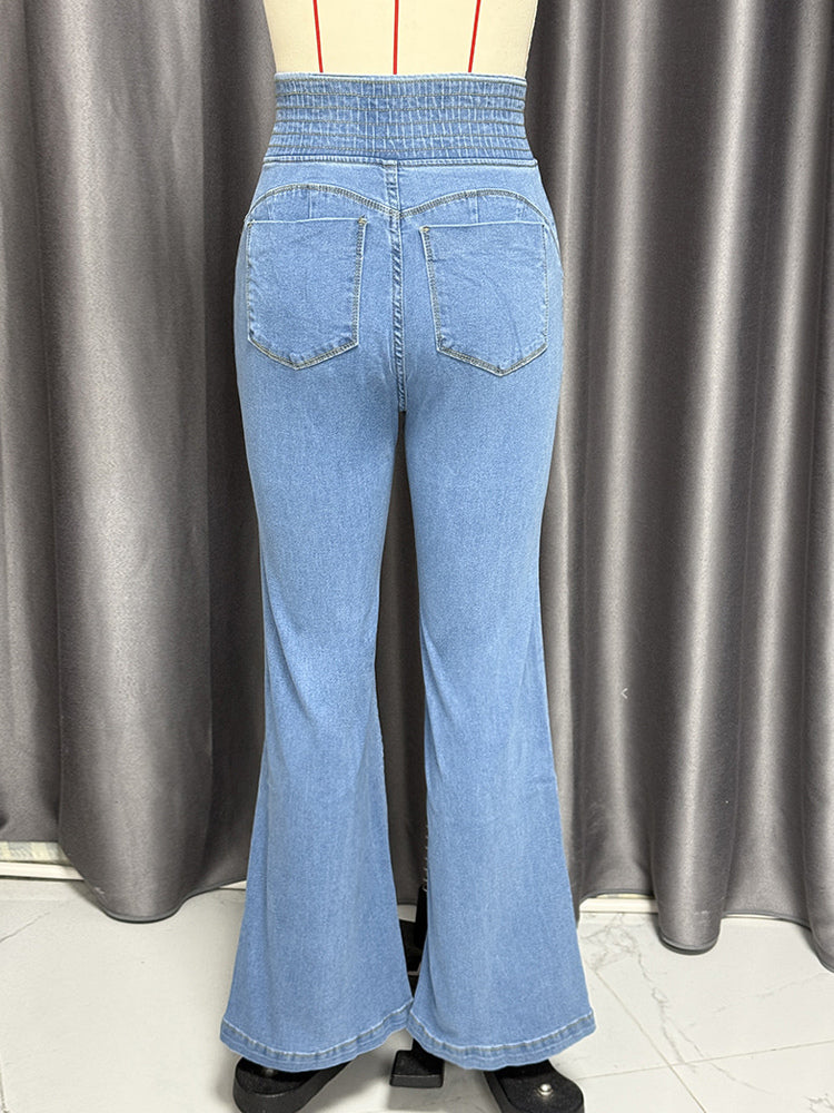 High Waisted Smocked Flare Jeans For Women - Elastic Cotton Slim Fit Washed Denim Pants - Spring Date Night Outfits 2026
