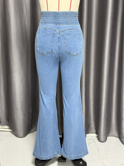 High Waisted Smocked Flare Jeans For Women - Elastic Cotton Slim Fit Washed Denim Pants - Spring Date Night Outfits 2026