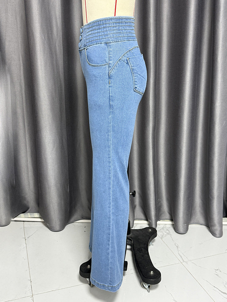 High Waisted Smocked Flare Jeans For Women - Elastic Cotton Slim Fit Washed Denim Pants - Spring Date Night Outfits 2026