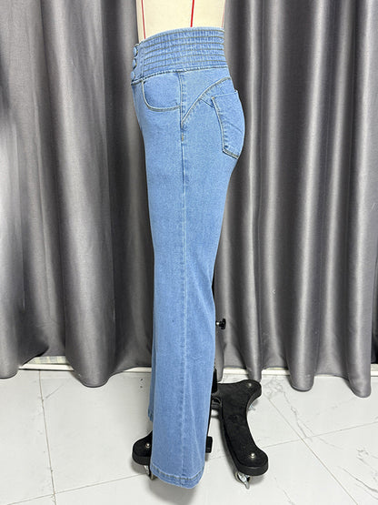 High Waisted Smocked Flare Jeans For Women - Elastic Cotton Slim Fit Washed Denim Pants - Spring Date Night Outfits 2026