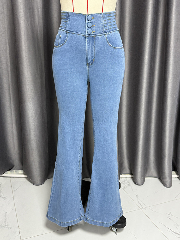 High Waisted Smocked Flare Jeans For Women - Elastic Cotton Slim Fit Washed Denim Pants - Spring Date Night Outfits 2026