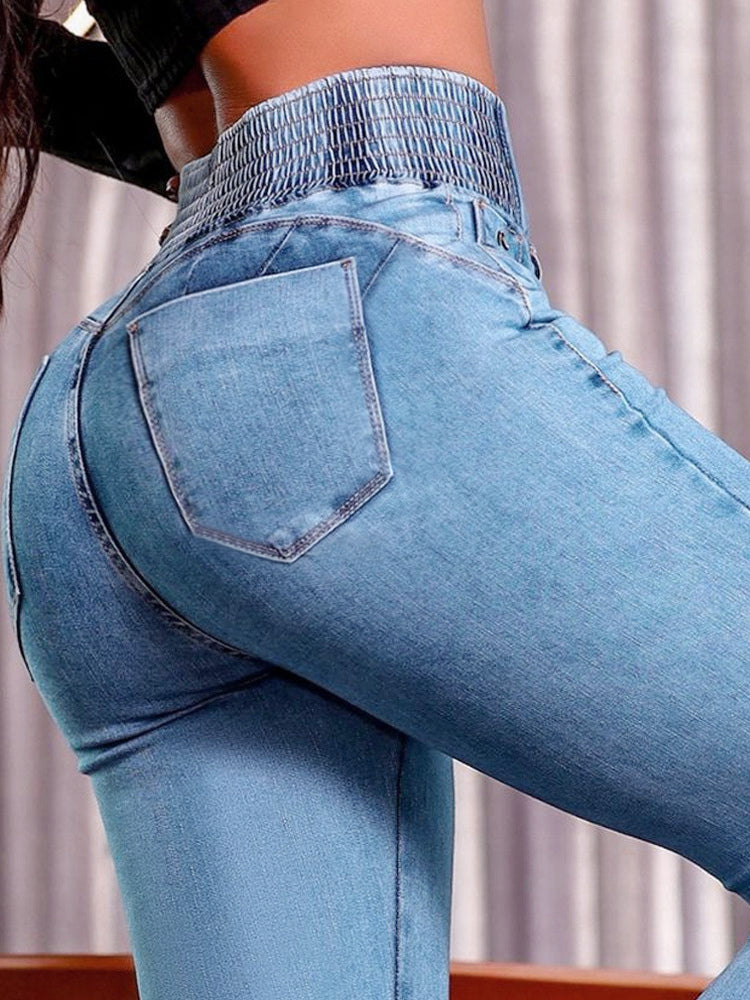 High Waisted Smocked Flare Jeans For Women - Elastic Cotton Slim Fit Washed Denim Pants - Spring Date Night Outfits 2026