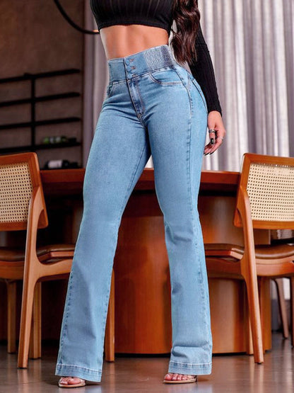 High Waisted Smocked Flare Jeans For Women - Elastic Cotton Slim Fit Washed Denim Pants - Spring Date Night Outfits 2026