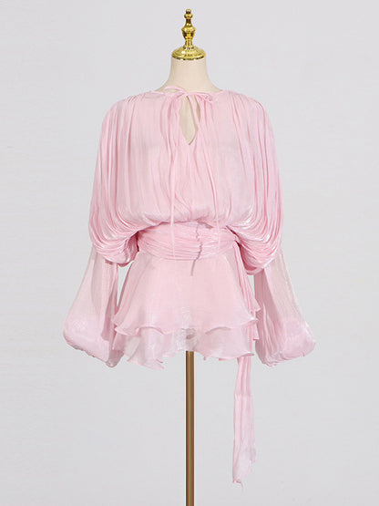 Lantern Sleeve Mini Dress For Women - Pleated Tie Waist Fit Flare - Spring Party Cocktail Outfit 2026